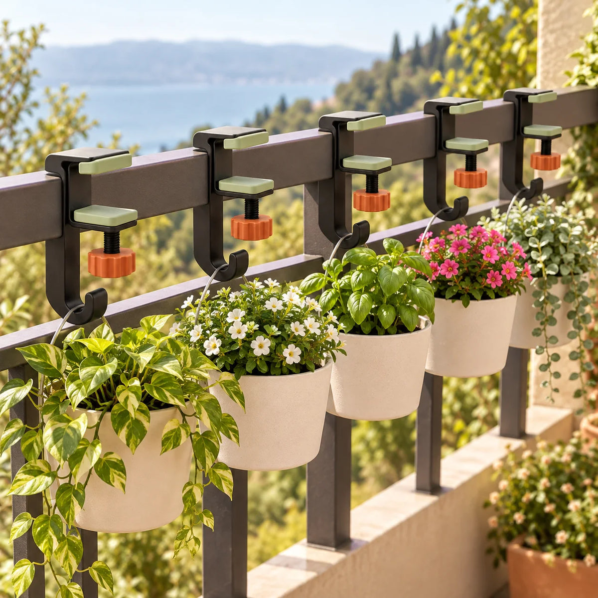 Balcony Railing Planter Hook Set — in use