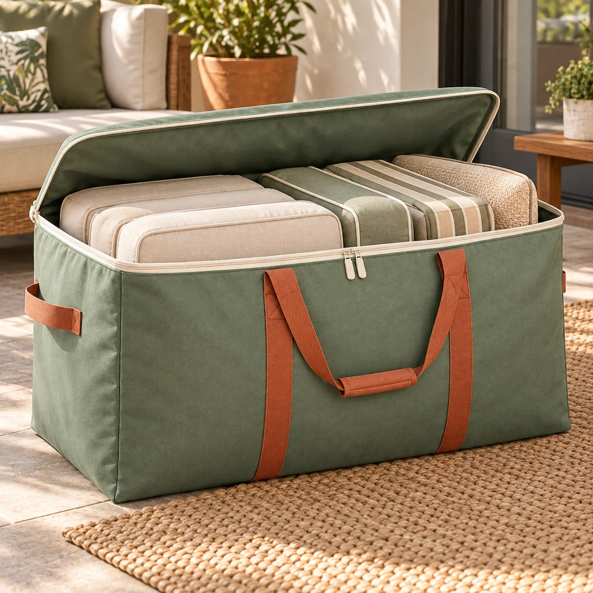 Outdoor Cushion Storage Bag — in use